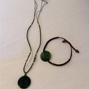 Carved Jade Pendant Necklace and Bracelet Set